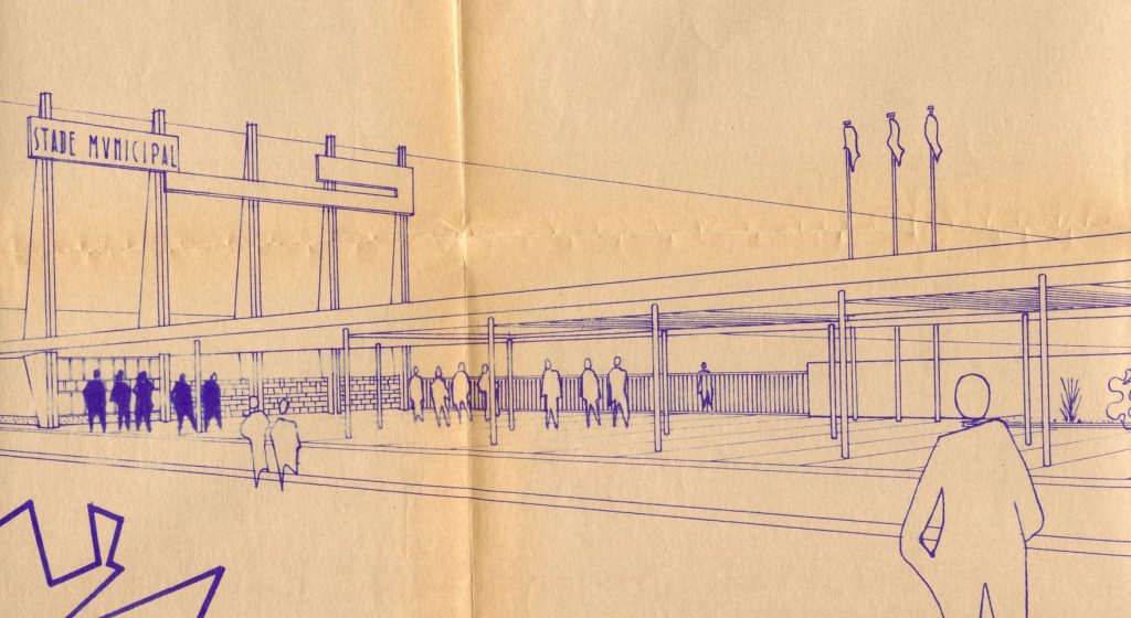 Entrée du stade municipal, 27 juin 1960. Perspective de l’avant-projet, P. Thevenon, architecte. Archives communales de Mérignac, 134 W 34.