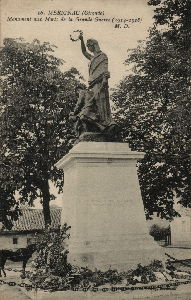 Monument aux Morts de la Grande Guerre (1914-1918). Carte postale, 1921 [correspondance]. Archives communales de Mérignac, 14 Fi 21.