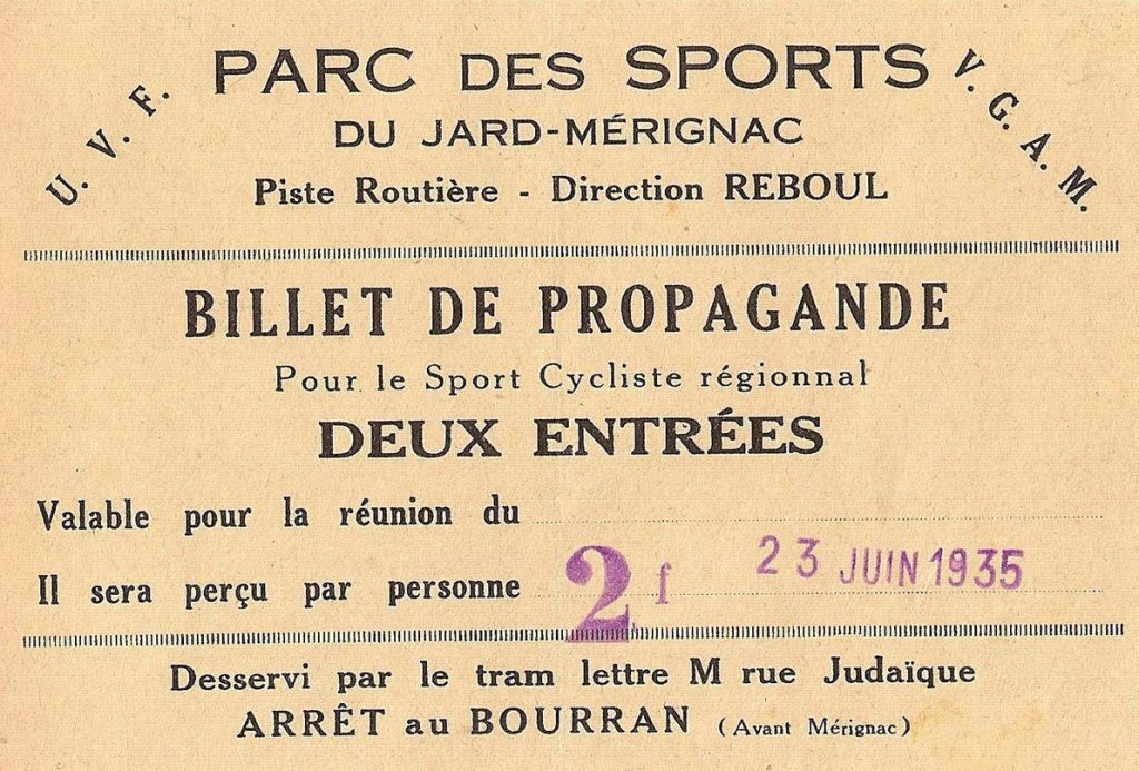 Billet pour le parc des sports du Jard, 23 juin 1935. Archives communales de Mérignac, 1 Num 48/3.