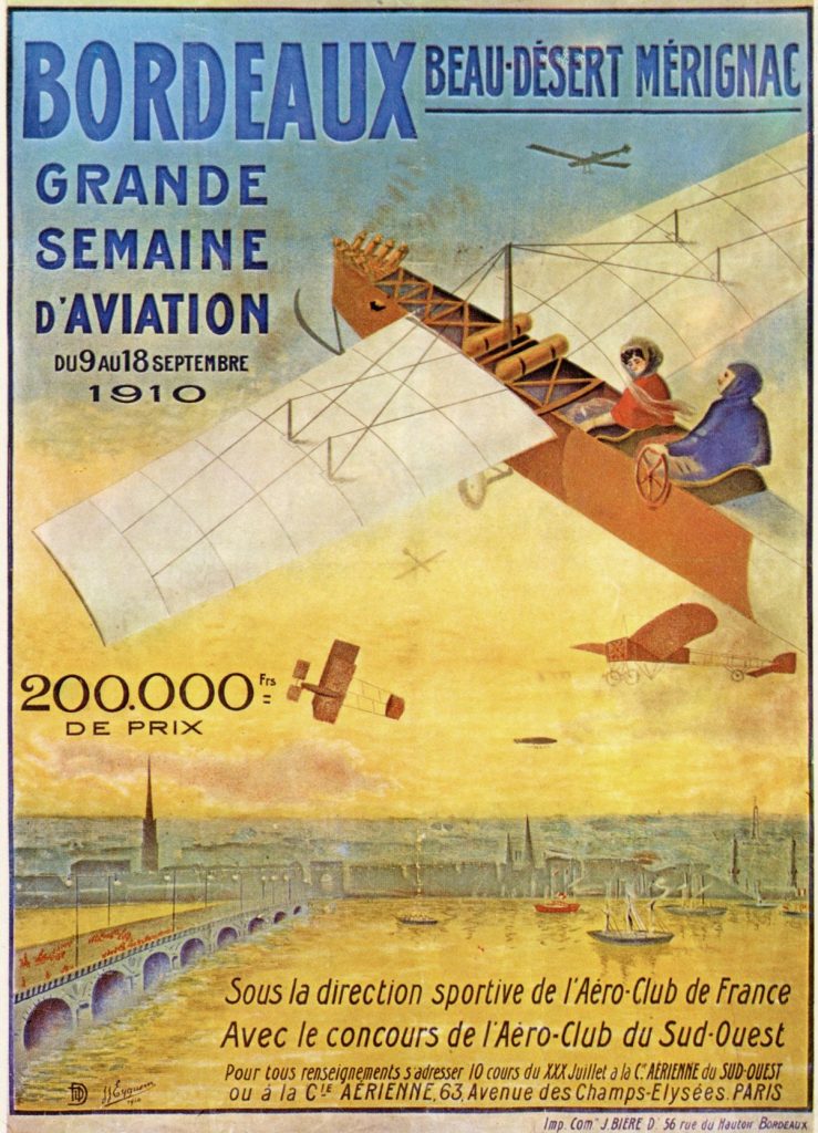 Bordeaux-Beaudésert-Mérignac. Grande semaine d’aviation du 9 au 18 septembre 1910. Affiche couleur, JJ Eyquem. Archives communales de Mérignac, 1 Num 50/5.