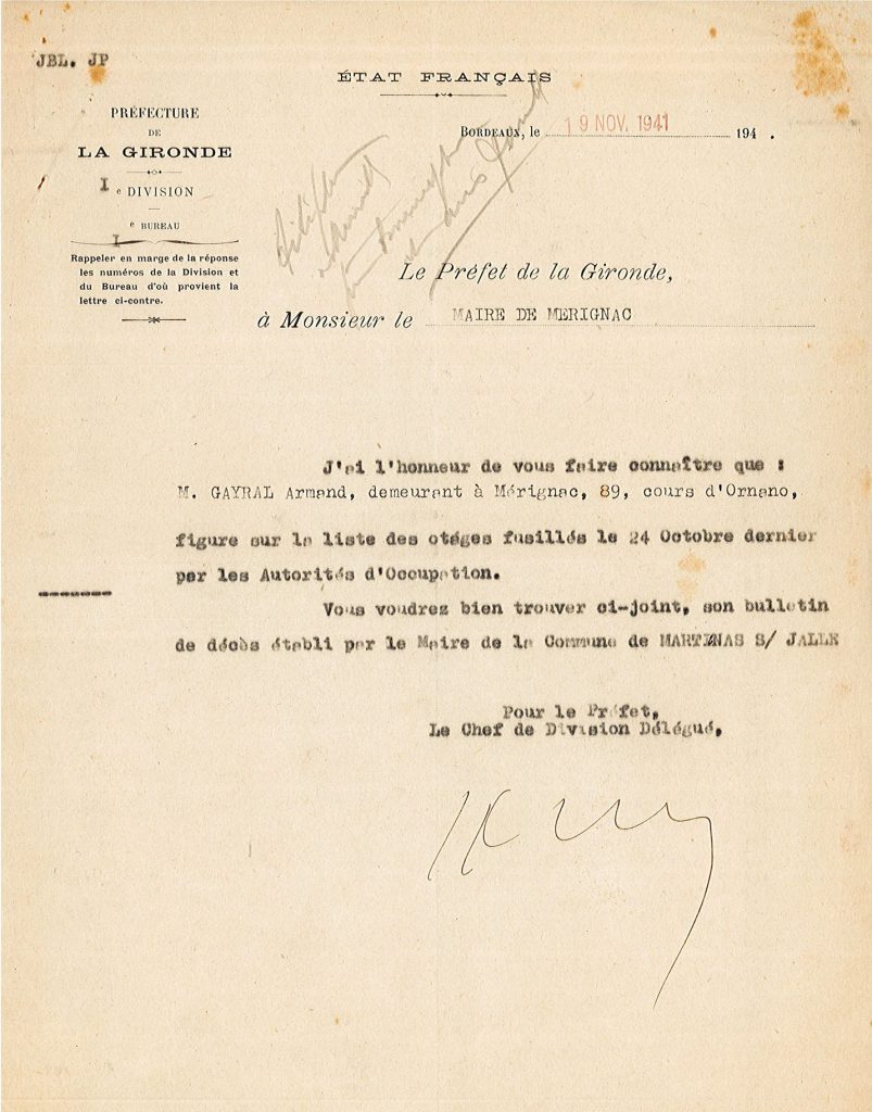 Lettre du 19 novembre 1941 de la préfecture la Gironde au maire de Mérignac, l’informant qu’Armand Gayral fait partie des otages fusillés le 24 octobre 1941. Archives communales de Mérignac, 4 H 18.