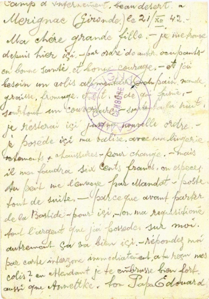 Correspondance d’Édouard Dambrot à sa fille Rachel, 21 décembre 1942. Mémorial de la Shoah. Collection Rachel Hebenstreit, CMLXXXVI(13)-4.