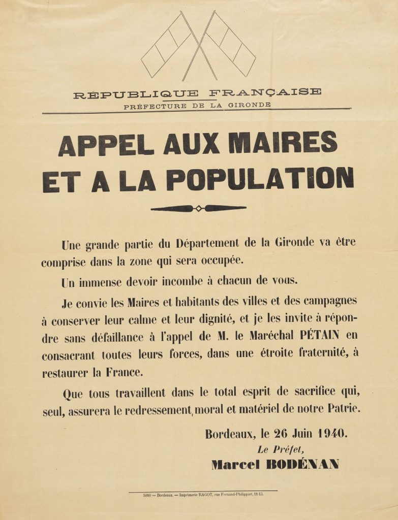 Appel du préfet de la Gironde, Marcel Bodénan, aux maires et à la population, 26 juin 1940. Affiche. Archives de Bordeaux Métropole, Bordeaux XLV D 3.