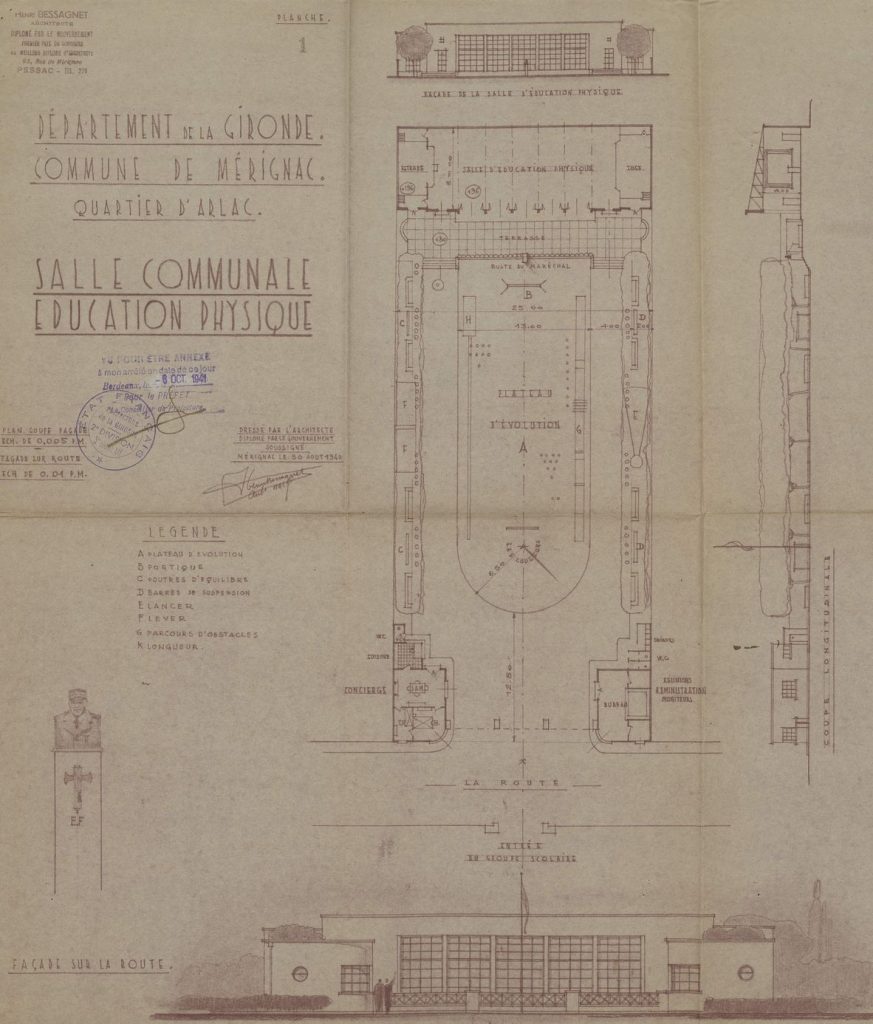 Projet de salle communale d’éducation physique à Arlac, 1940. Plan, Henri Bessagnet, architecte. Archives communales de Mérignac, 1 M 17.
