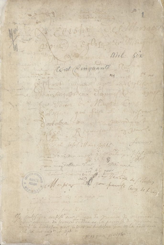 [Registre des mariages pour l'église de Mérignac en l'année 1650]. Registre paroissial. Archives communales de Mérignac, GG 1 (1650-1691).