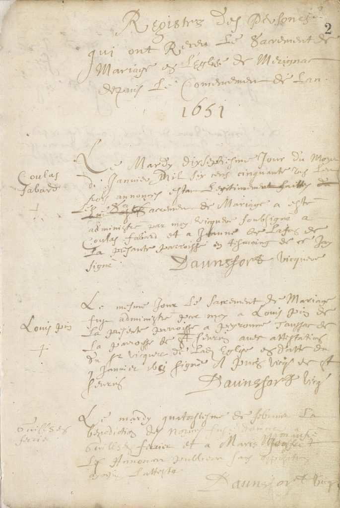 [Registre des personnes qui ont reçu le sacrement du mariage en l'église de Mérignac depuis le commencement de l'an 1651]. Registre paroissial. Archives communales de Mérignac, GG 1 (1650-1691).