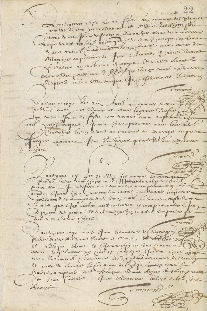 Enregistrement des mariages de 1672. Registre paroissial. Archives communales de Mérignac, GG 1 (1650-1691).