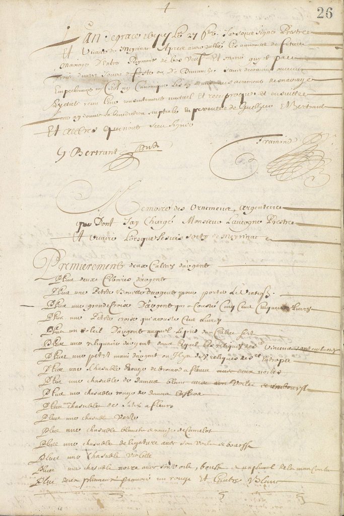 [Mémoire des ornements, argenteries dont jay chargé Monsieur [Lavergne] prestre et vicaire lorsque je suis sorty de Meyrinac], 1677-1678. Registre paroissial. Archives communales de Mérignac, GG 1 (1650-1691).