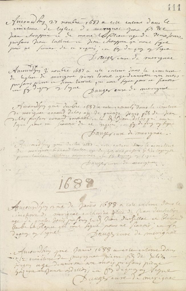 Enregistrement des sépultures en 1687 et 1688. Registre paroissial. Archives communales de Mérignac, GG 1 (1650-1691).