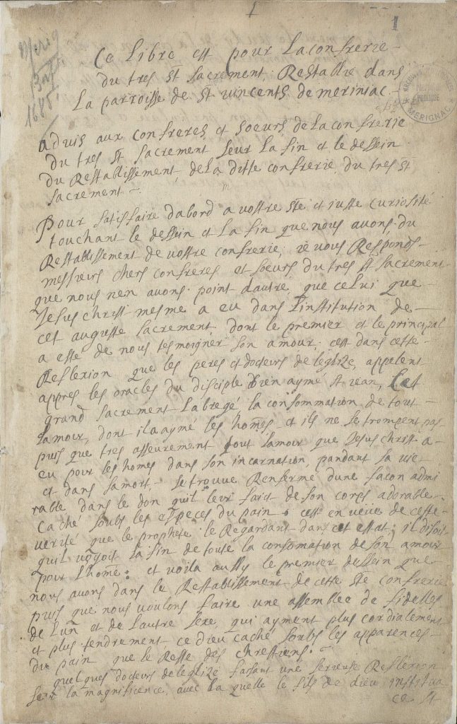 Avis sur le rétablissement de la confrérie du Saint-Sacrement, extrait, s.d. Registre paroissial. Archives communales de Mérignac, GG 4 (1681-1691).