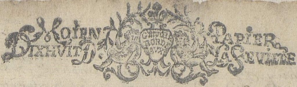 En-tête du papetier, s.d. Registre paroissial. Archives communales de Mérignac, GG 5 (1692-1695).