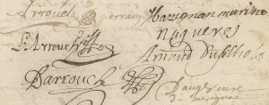 Signatures aposées sur un acte de baptême, 1701. Registre paroissial. Archives communales de Mérignac, GG 7 (1699-1723).