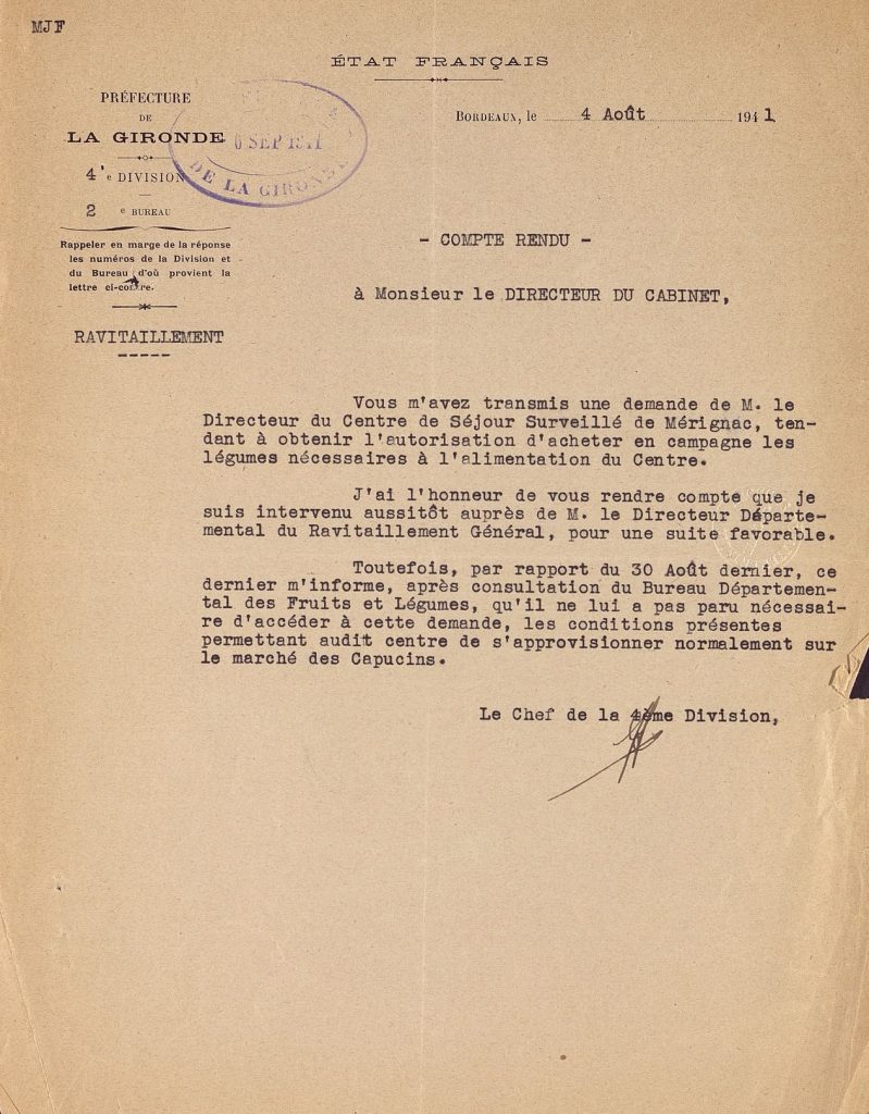 Note relative à l’obligation d’approvisionnement au marché des Capucins, 4 août 1941. Archives départementales de la Gironde, 103 W 3.