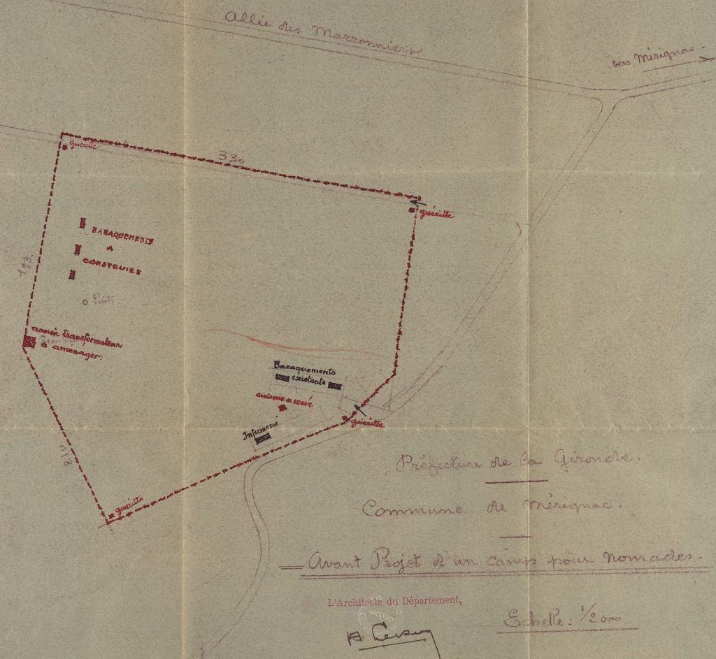 Avant-projet d’un camp pour nomades, [1940]. Plan, [ill.] architecte du département. Archives départementales de la Gironde, 103 W 3.