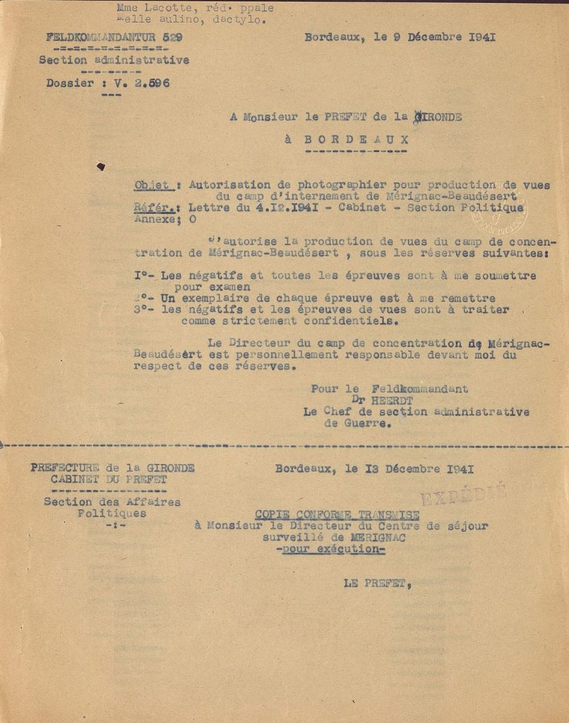 Autorisation de la Feldkommandantur de photographier au camp de Mérignac, 9 décembre 1941. Archives départementales de la Gironde, 103 W 4.