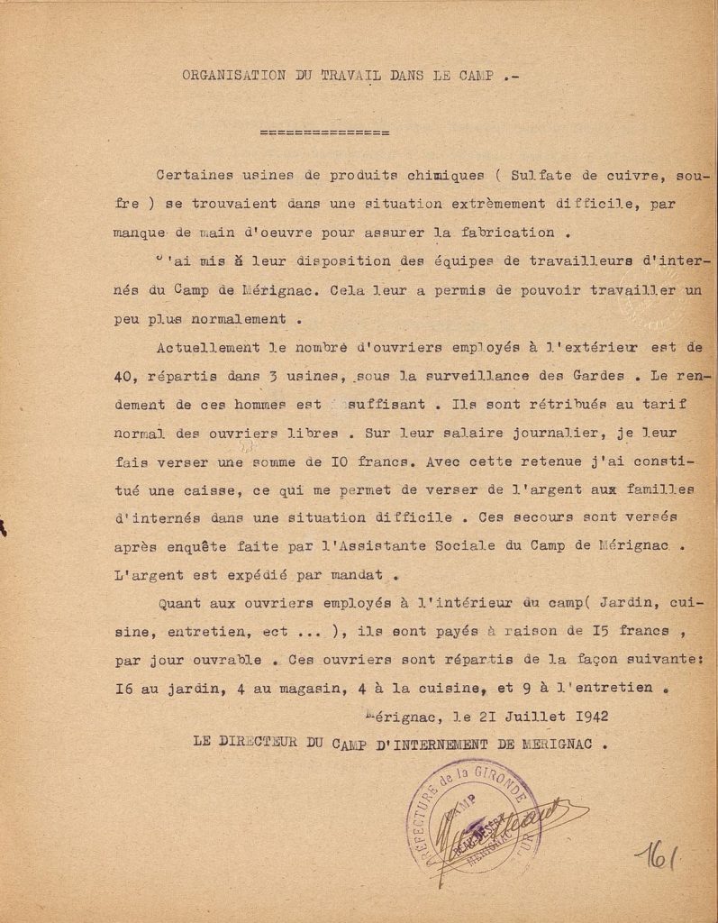 Note sur l’organisation du travail dans le camp, 21 juillet 1942. Archives départementales de la Gironde, 103 W 5.