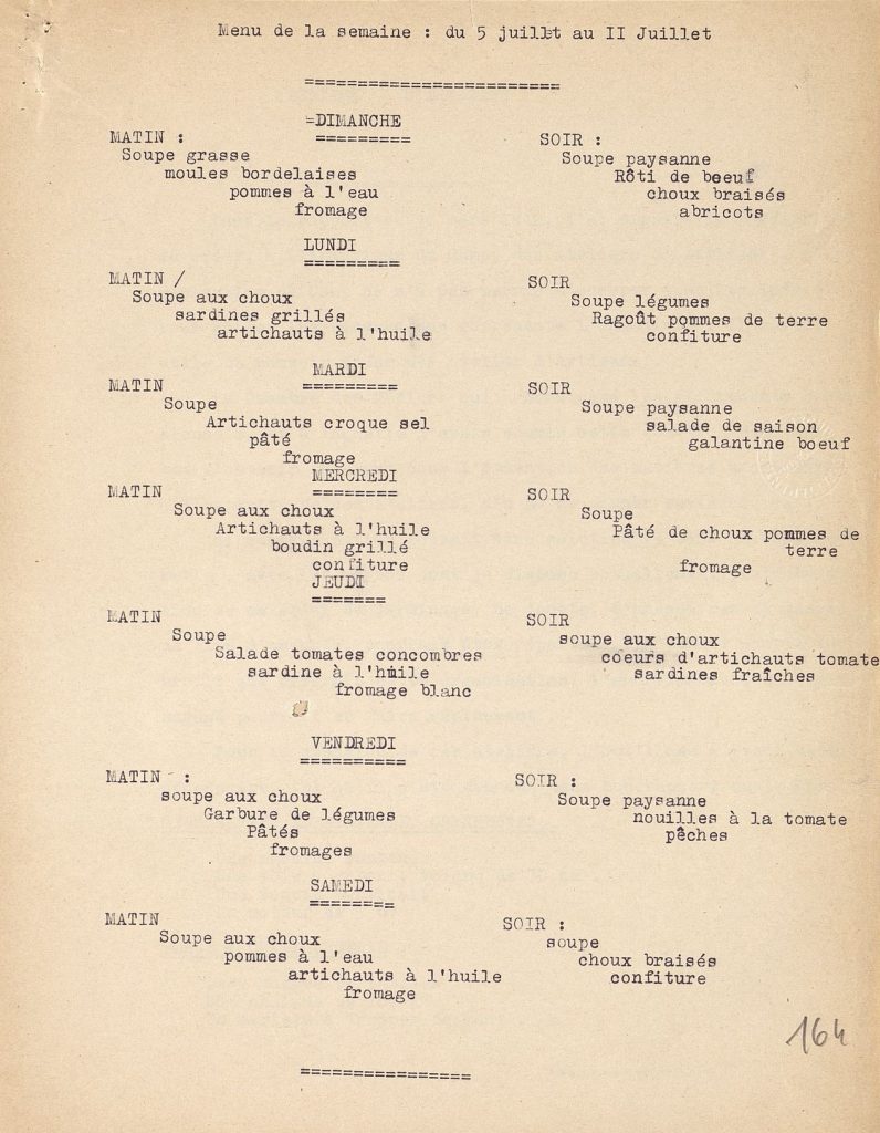 Menu de la semaine du 5 au 11 juillet [1942]. Archives départementales de la Gironde, 103 W 5.