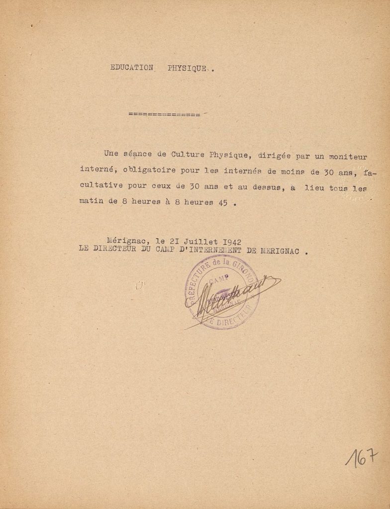 Note sur l’obligation de la culture physique, 21 juillet 1942. Archives départementales de la Gironde, 103 W 5.
