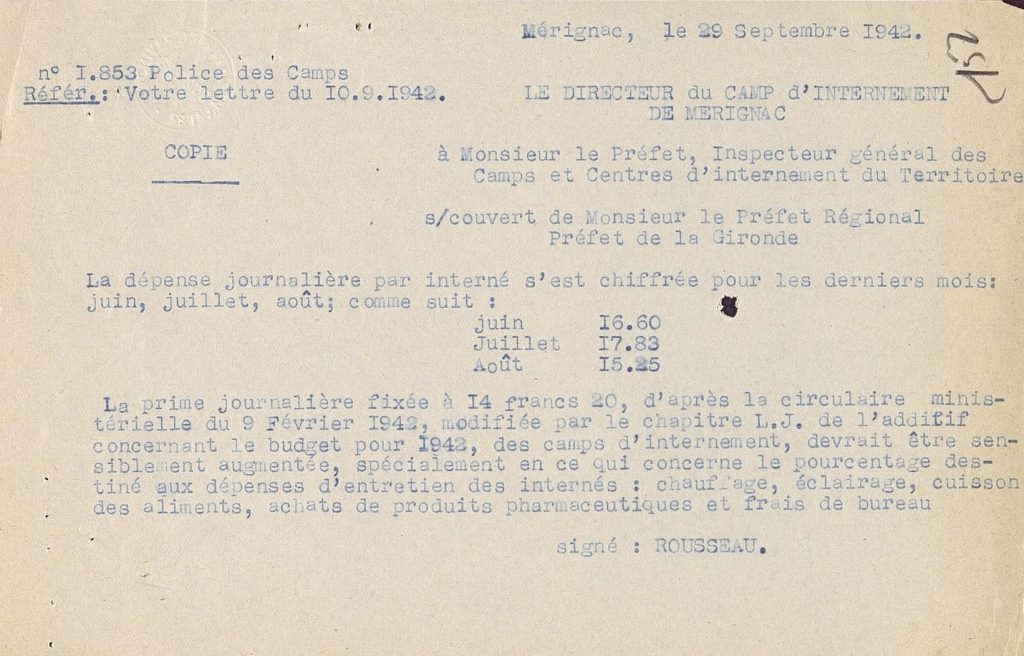 Note relative à la dépense journalière par interné, 29 septembre 1942. Archives départementales de la Gironde, 103 W 5.