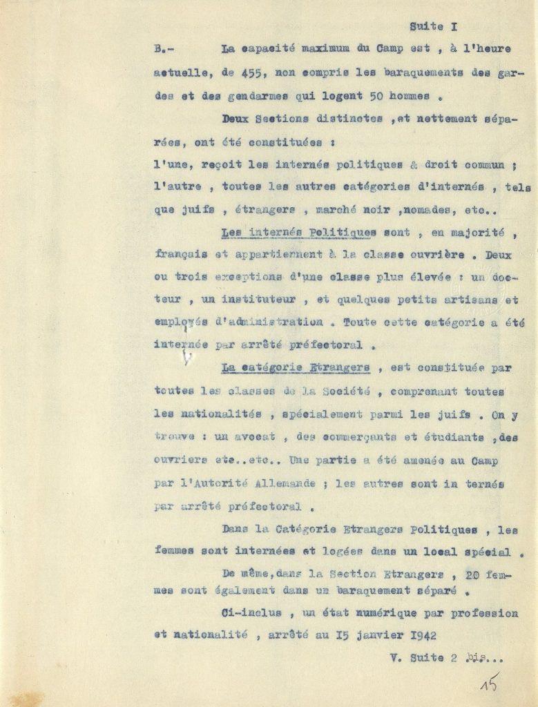 Extrait d’une notice sur le camp d’internement de Mérignac, 19 janvier 1942. Archives départementales de la Gironde, 103 W 5.