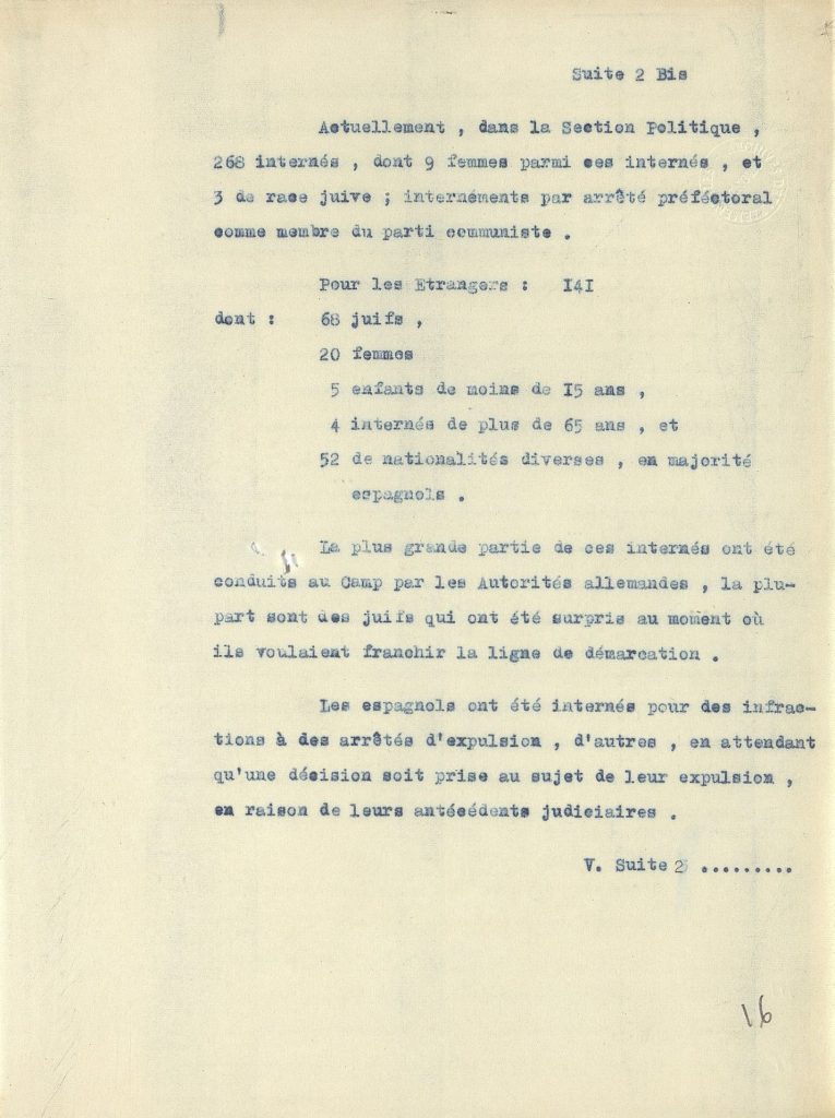 Extrait d’une notice sur le camp d’internement de Mérignac, 19 janvier 1942. (suite) Archives départementales de la Gironde, 103 W 5.