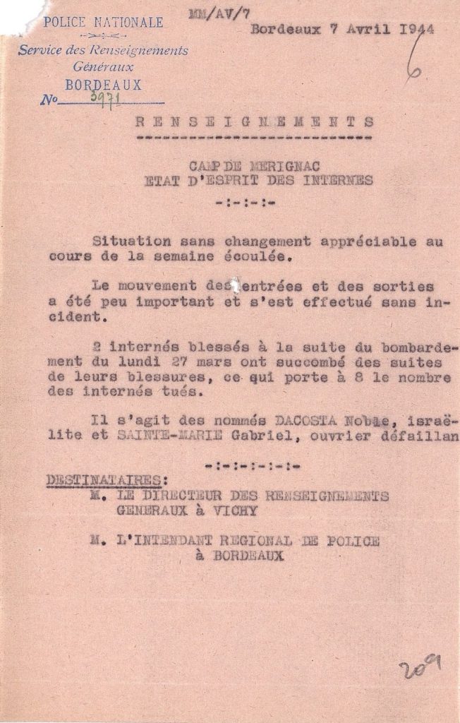 Note relative à l’état d’esprit des internés, 7 avril 1944. Archives départementales de la Gironde, 103 W 6.