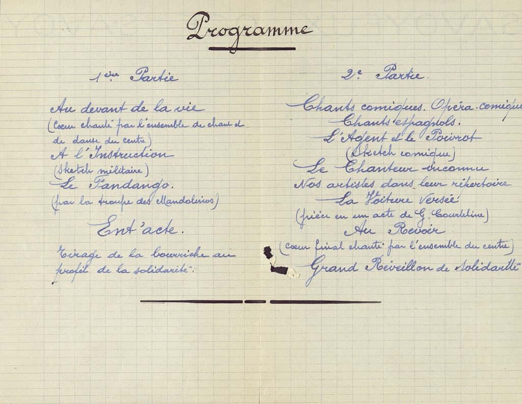 Programme de Noël 1940 au centre de séjour surveillé de Bacalan. (suite) Archives départementales de la Gironde, 103 W 8.