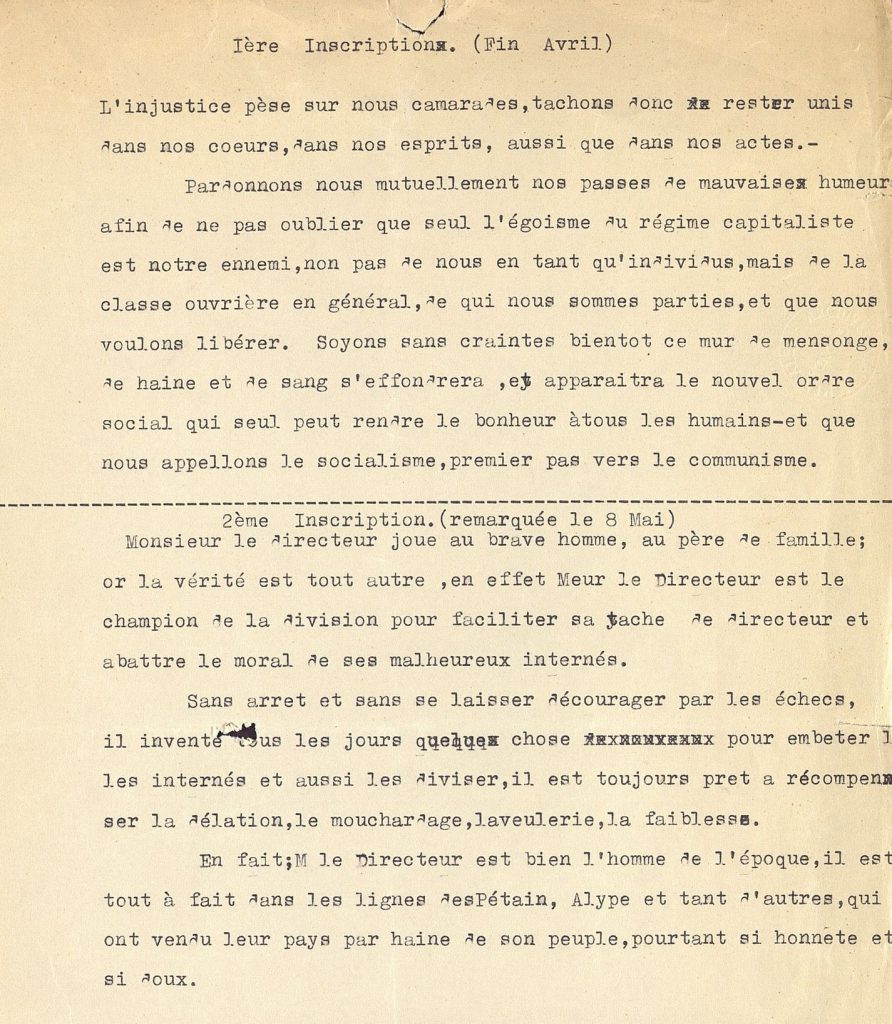Inscriptions faites au crayon sur les parois en planches d’un WC, [10 mai 1941]. Archives départementales de la Gironde, 103 W 8.
