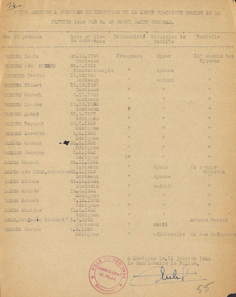 Juifs arrêtés à Mérignac, 11 janvier 1944. Archives départementales de la Gironde, 103 W 45.