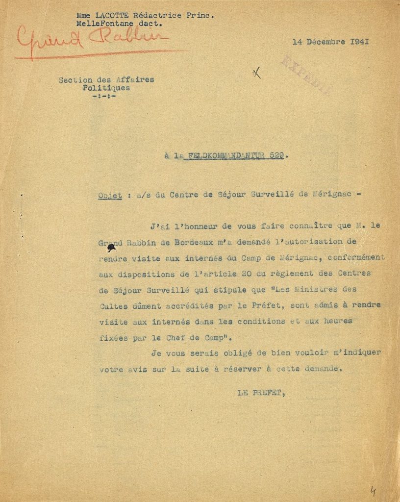 Demande d’autorisation de visite pour le Grand rabbin de Bordeaux, 14 décembre 1941. Archives départementales de la Gironde, 103 W 84.