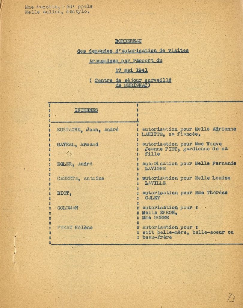 Bordereau des demandes d’autorisation de visites présentées par des internés en faveur de personnes étrangères à leur famille, 17 mai 1941. Archives départementales de la Gironde, 103 W 84.