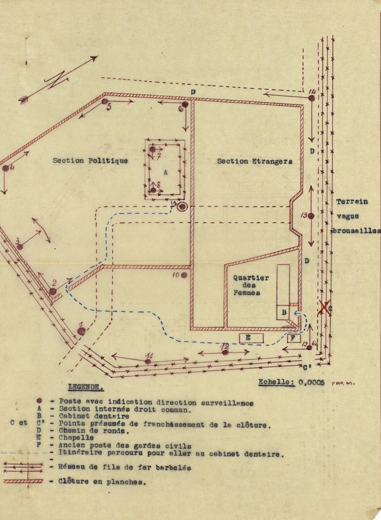 Plan du centre de séjour surveillé joint au rapport d’évasion de l’interné Taleb Mohamed, 5 juillet 1943. Archives départementales de la Gironde, 103 W 116.