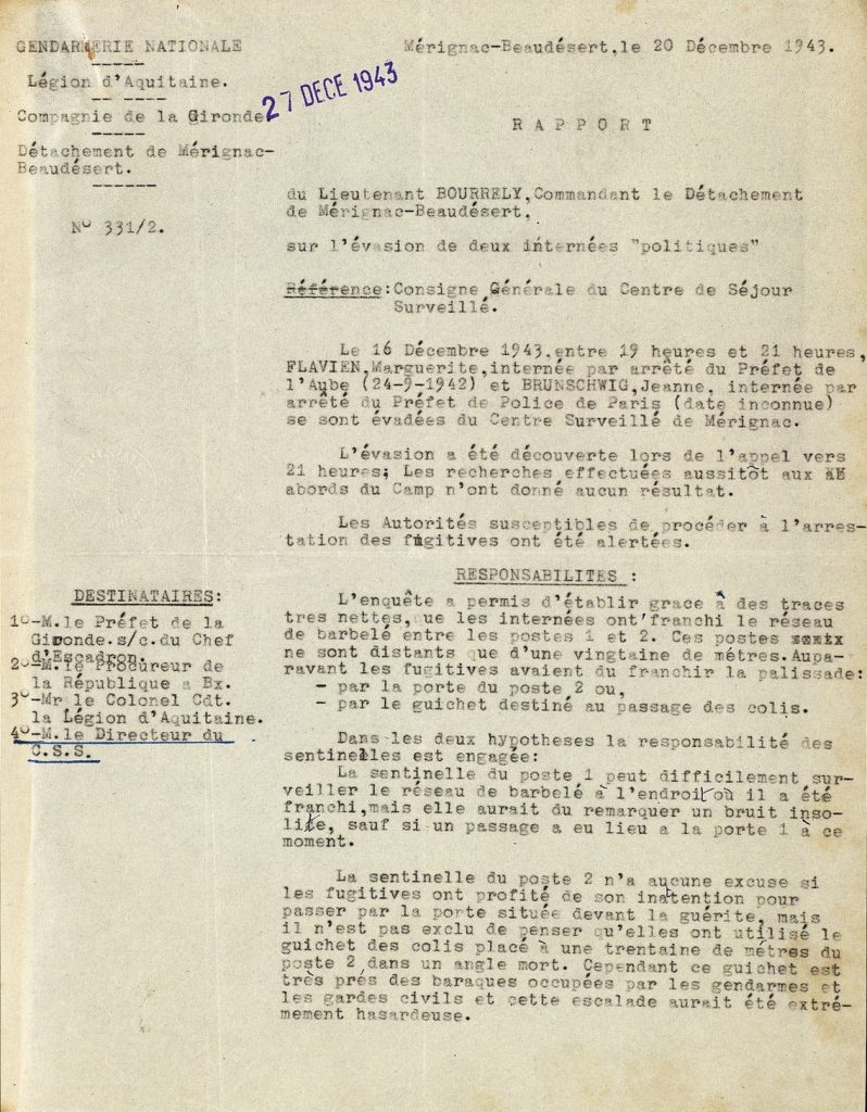 Rapport relatif à l’évasion de deux internées politiques, 20 septembre 1943. Archives départementales de la Gironde, 103 W 116.