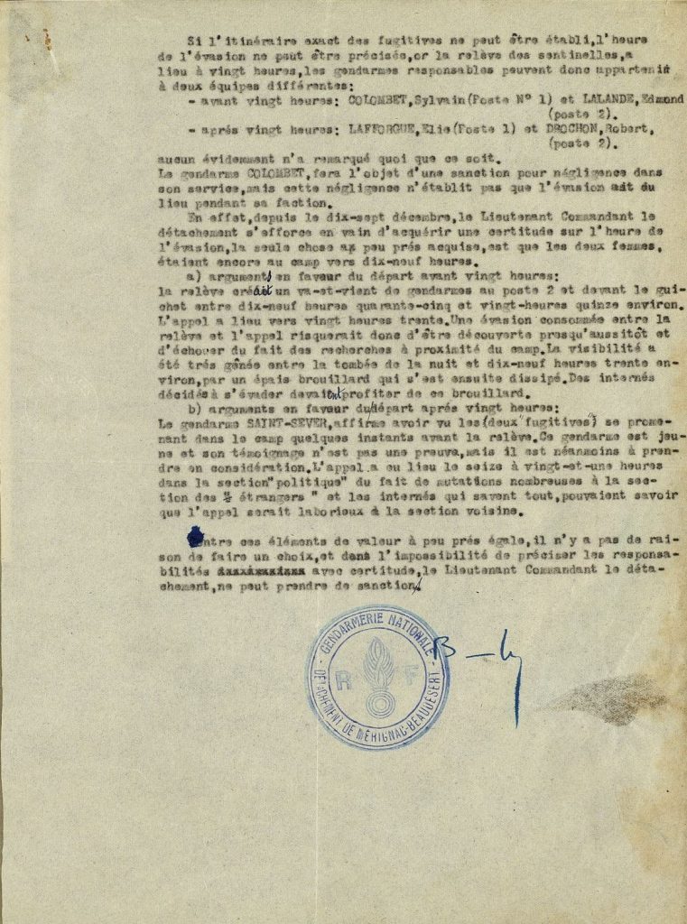 Rapport relatif à l’évasion de deux internées politiques, 20 septembre 1943. (suite) Archives départementales de la Gironde, 103 W 116.