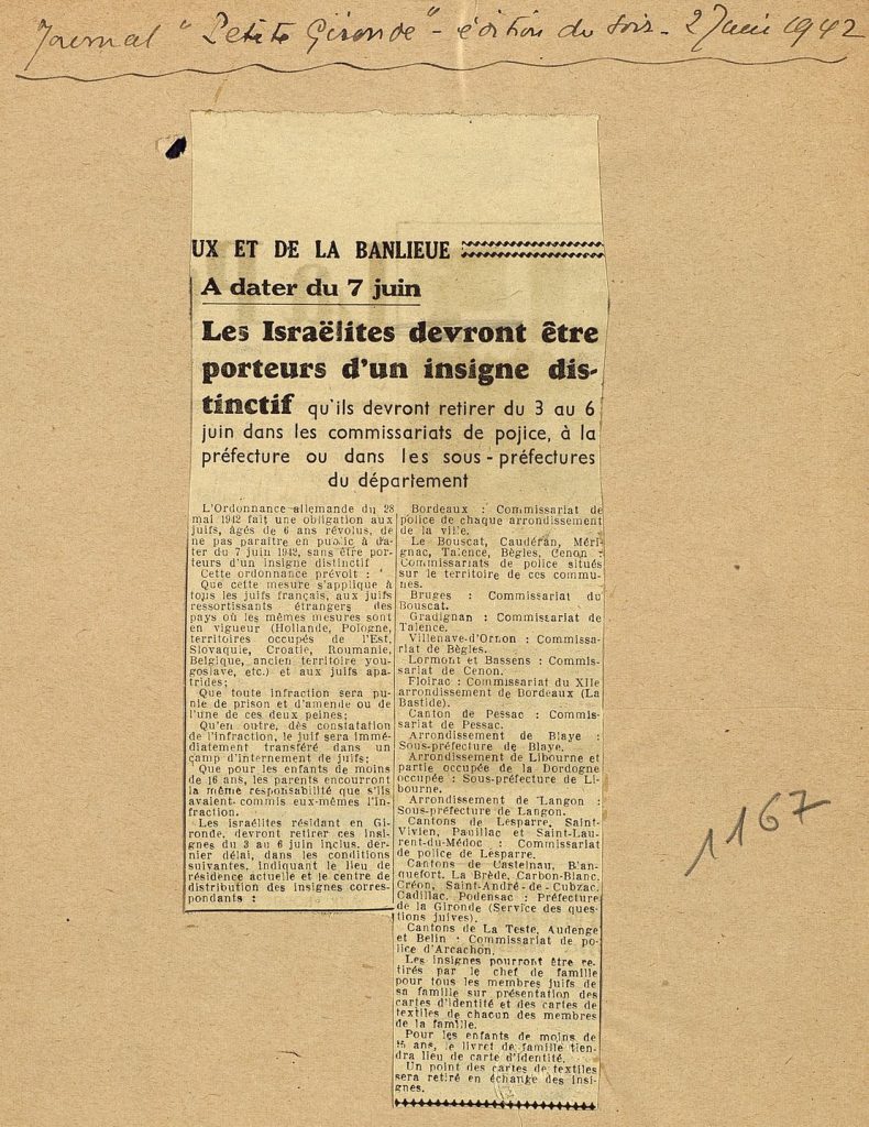 « À dater du 7 juin, les Israélites devront être porteurs d’un signe distinctif […] », extrait de La Petite Gironde, 2 juin 1942. Archives départementales de la Gironde, 103 W 121.