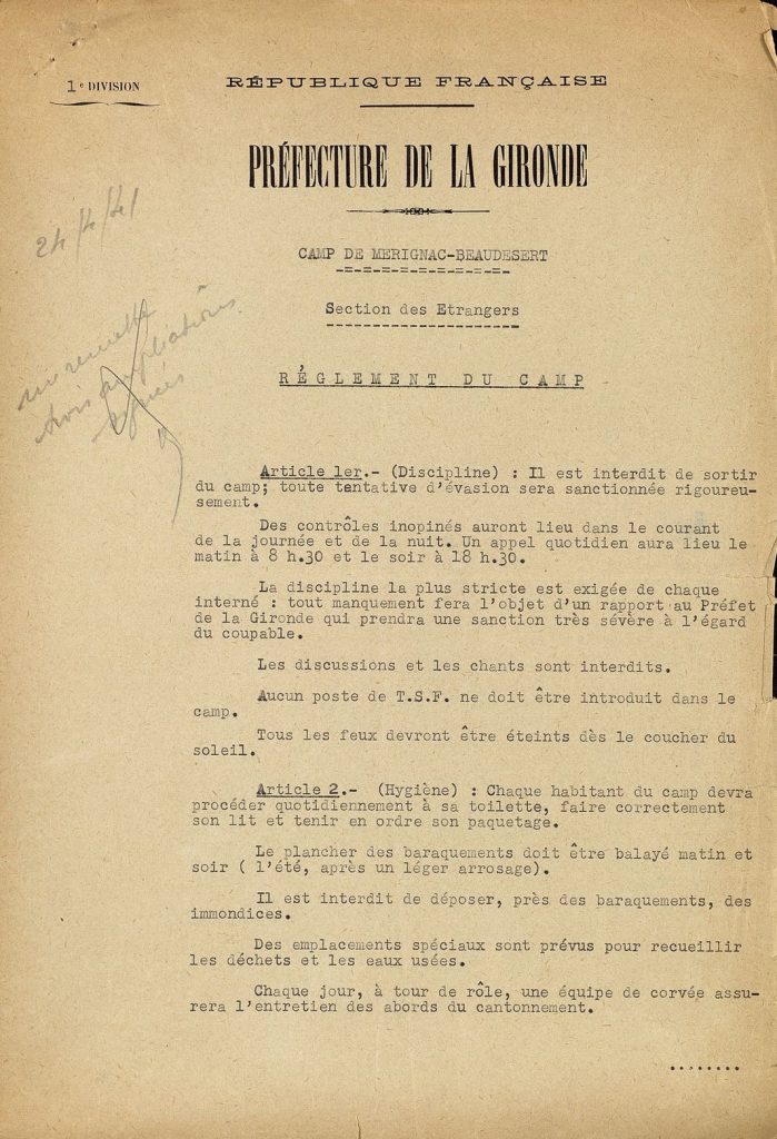 Règlement du camp de Mérignac-Beaudésert. Section des étrangers, 24 avril 1941. Archives départementales de la Gironde, 104 W 42.