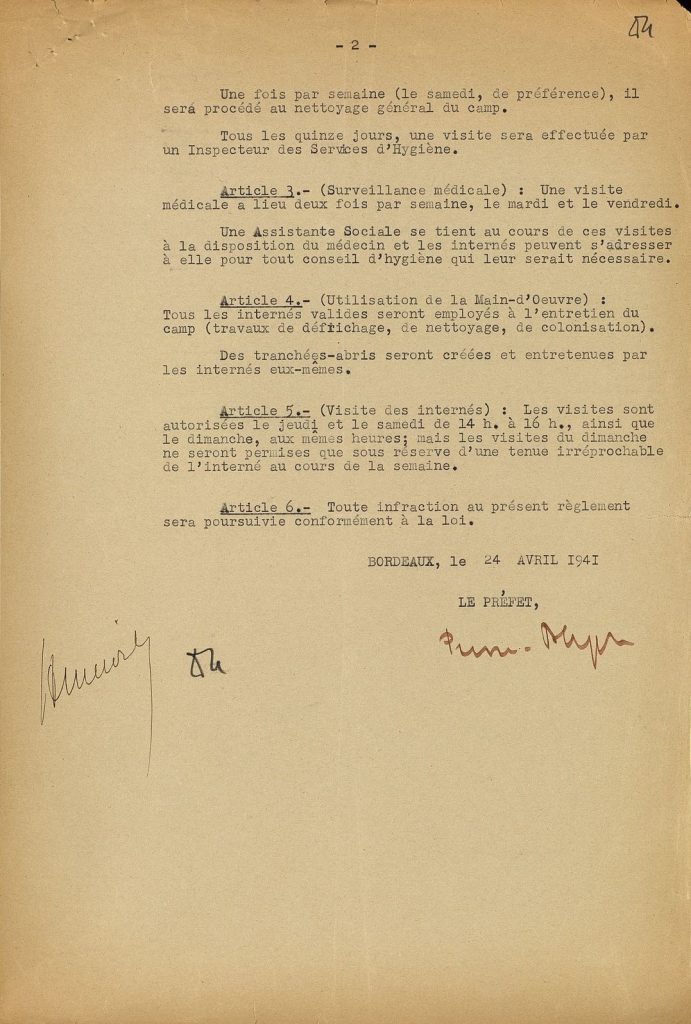 Règlement du camp de Mérignac-Beaudésert. Section des étrangers, 24 avril 1941. (suite) Archives départementales de la Gironde, 104 W 42.