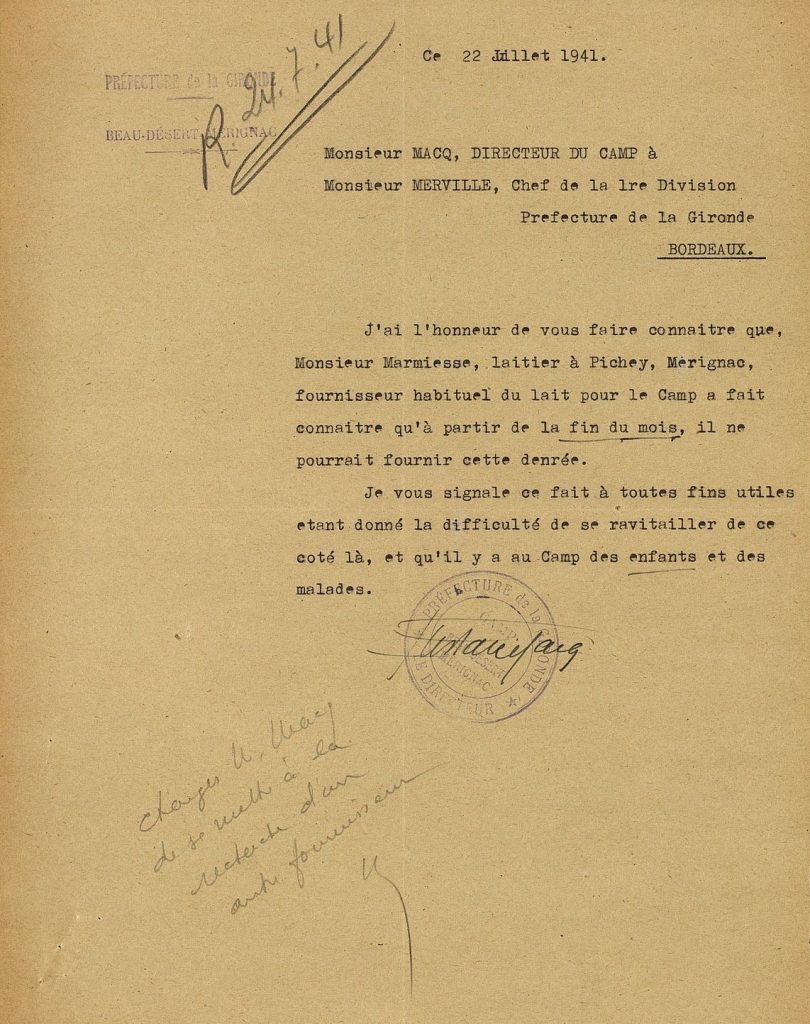 Note relative à la fourniture de lait par M. Marmiesse, laitier à Pichey, 22 juillet 1941. Archives départementales de la Gironde, 104 W 42.