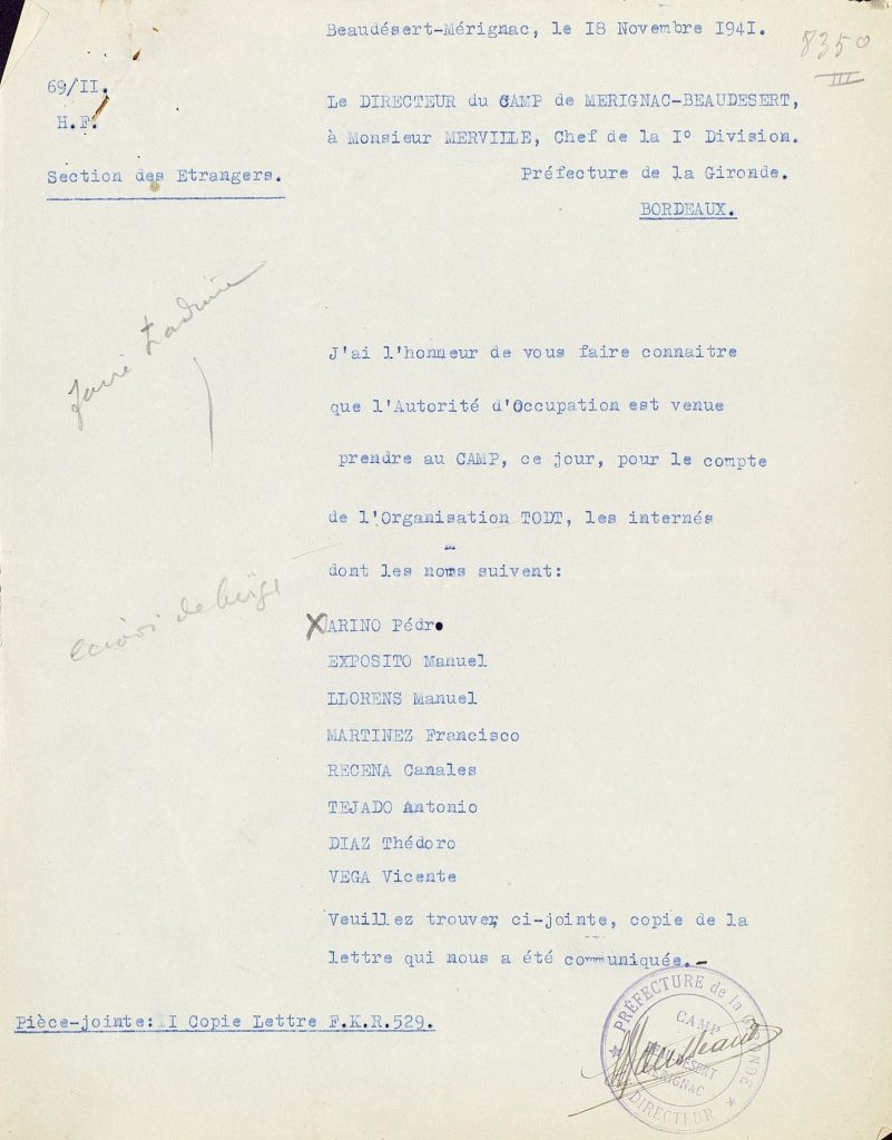 Liste d’internés espagnols ayant été remis aux autorités allemandes pour le compte de l’Organisation Todt, 18 novembre 1941. Archives départementales de la Gironde, 104 W 43.