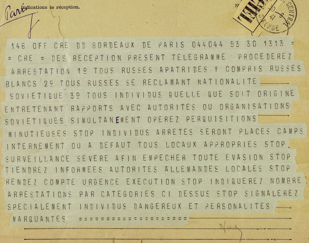 Télégramme relatif à l’internement des ressortissants russes et individus en lien avec l’URSS, 30 juin 1941. Archives départementales de la Gironde, 104 W 44.