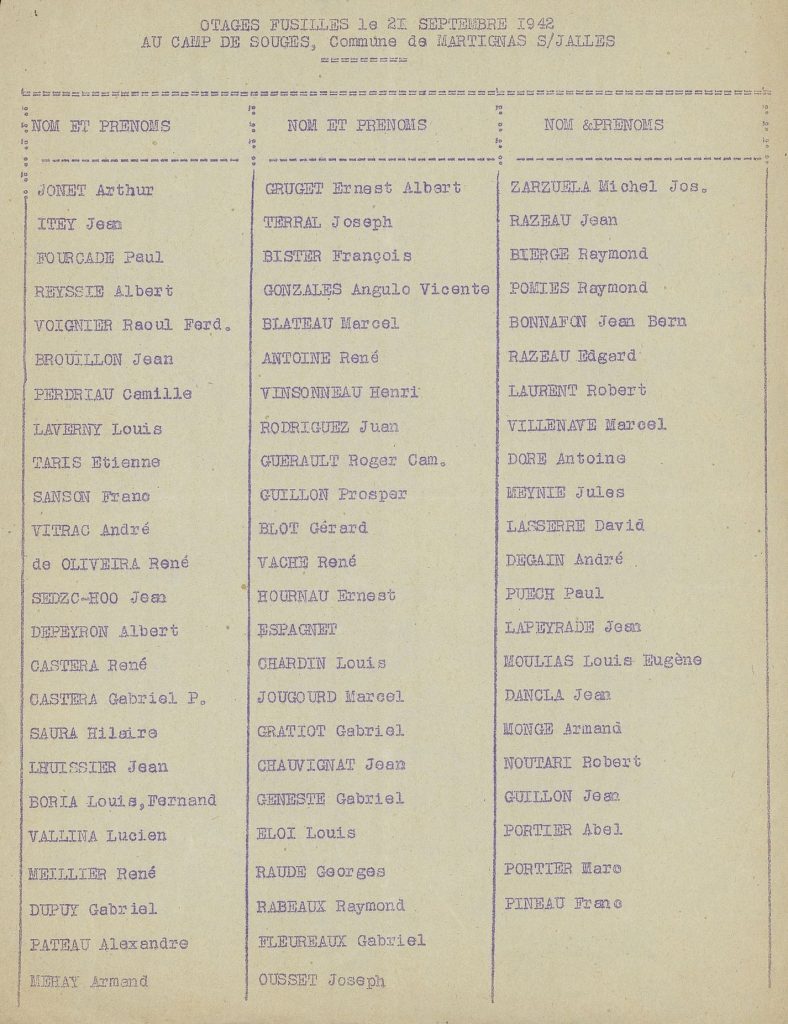 Liste des otages fusillés le 21 septembre 1942 au camp de Souge, s.d. Archives départementales de la Gironde. Fonds Georges-Durou, 142 J 40.