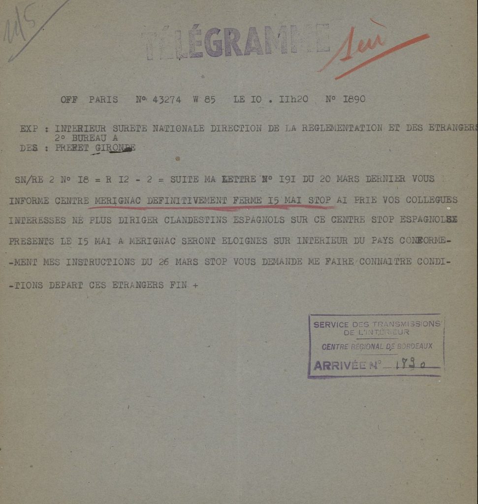 Télégramme informant le préfet de la Gironde de la fermeture définitive du centre d’immigration de Mérignac, le 15 mai 1948. Archives départementales de la Gironde, 194 W 27.