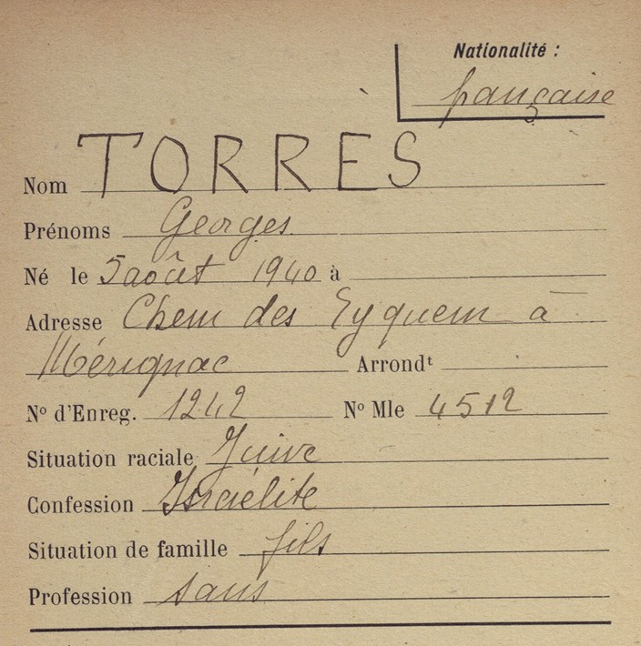 Fiche individuelle de Georges Torrès, s.d. Archives départementales de la Gironde, 44 W 46.