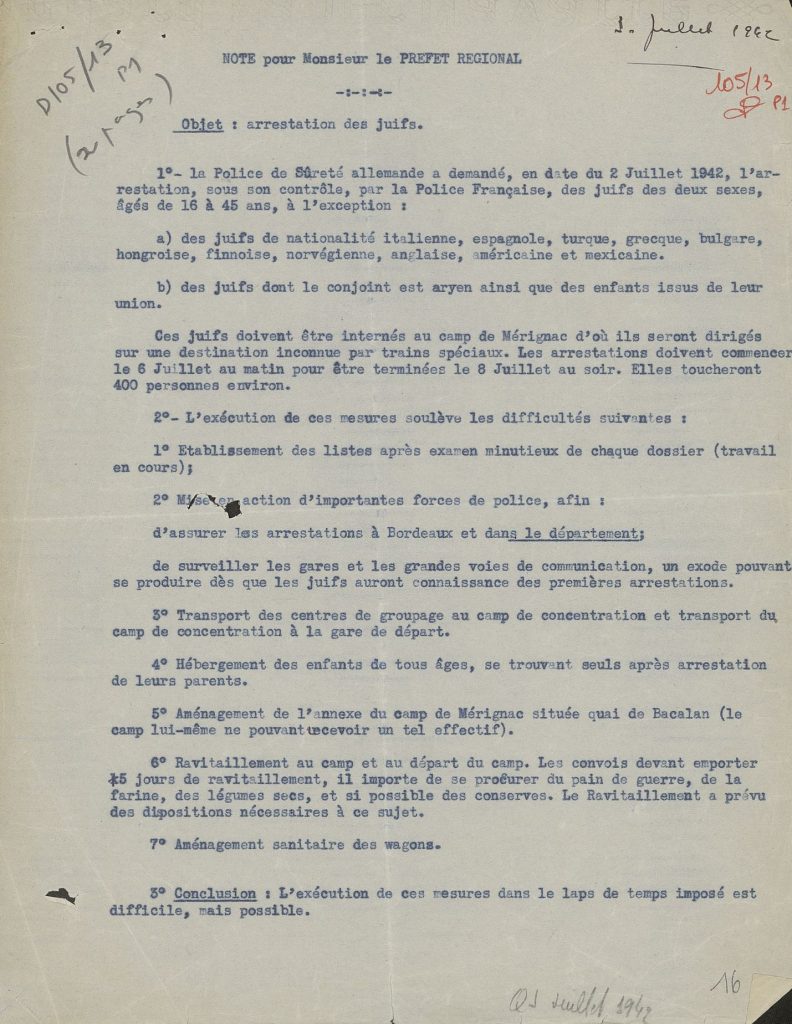 Note rédigée par Maurice Papon à l’attention du préfet régional Maurice Sabatier relative à l’arrestation des Juifs, 3 juillet 1942. Archives départementales de la Gironde, 5362 W 583.