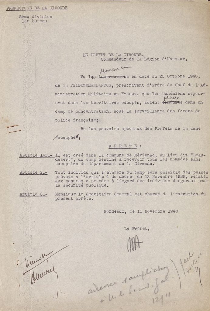 Arrêté de création du camp de nomades à Beaudésert, 11 novembre 1940. Archives départementales de la Gironde, 58 W 82.
