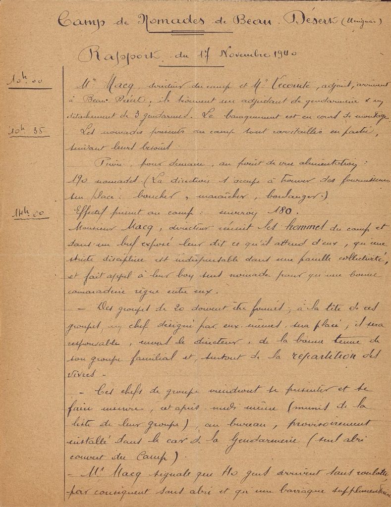 Rapport du directeur du camp de nomades de Beaudésert, 17 novembre 1940. Archives départementales de la Gironde, 58 W 82.