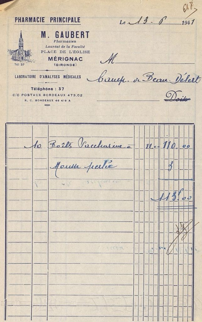 Facture d'un fournisseur mérignacais, 1941. Archives départementales de la Gironde, 71 W 8-9.