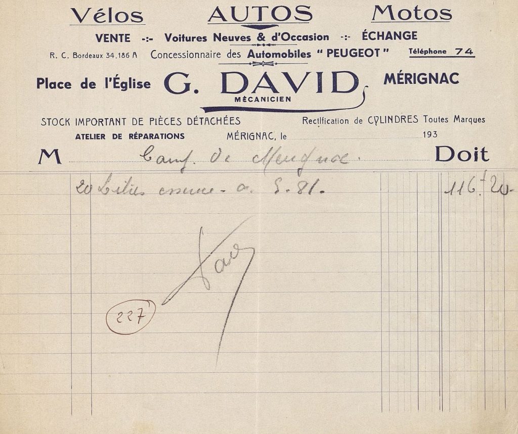 Facture d'un fournisseur mérignacais, [1941-1942]. Archives départementales de la Gironde, 71 W 8-9.