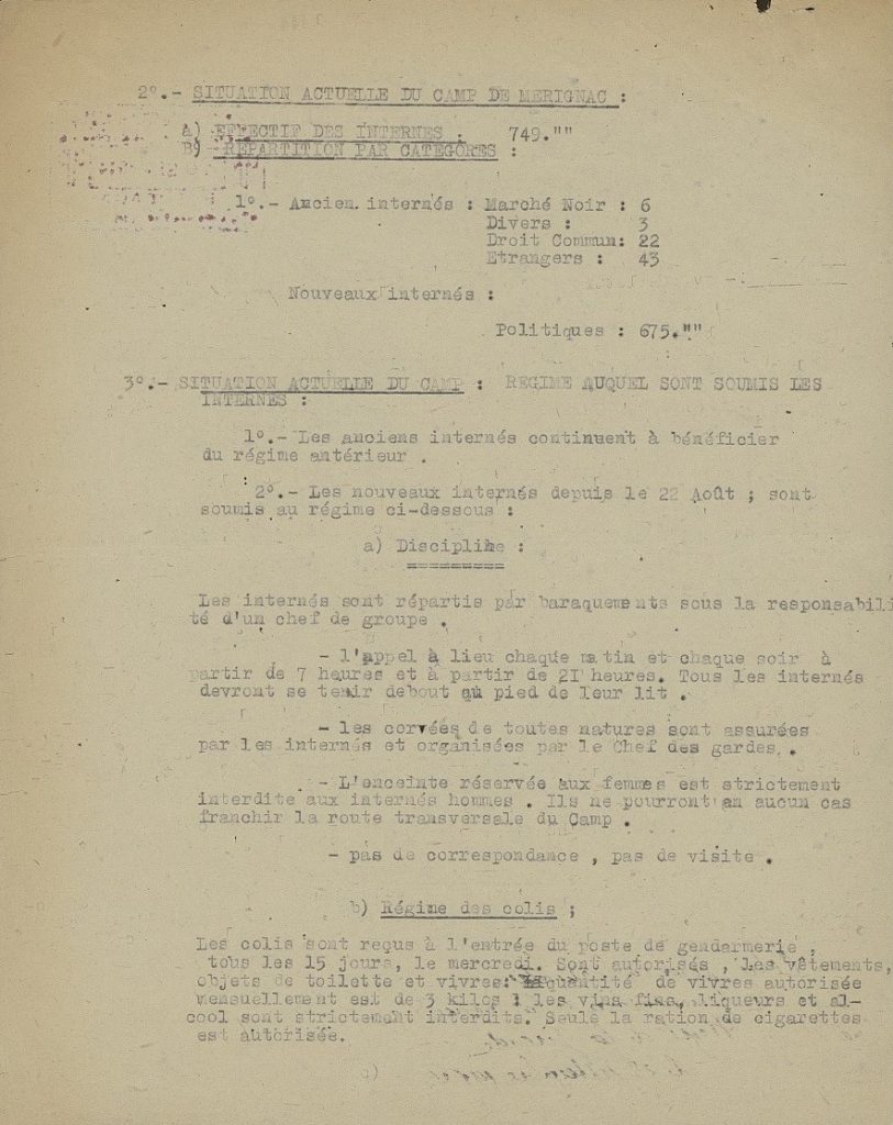 Extrait du rapport du directeur du camp, 15 septembre 1944. Archives départementales de la Gironde, 106 W 252.
